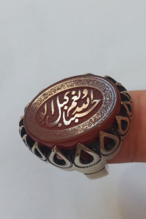 خرید انگشتر عقیق خطی نقره روس مردانه با حکاکی حسبنا الله و نعم الوکیل | کد ۹۱۷